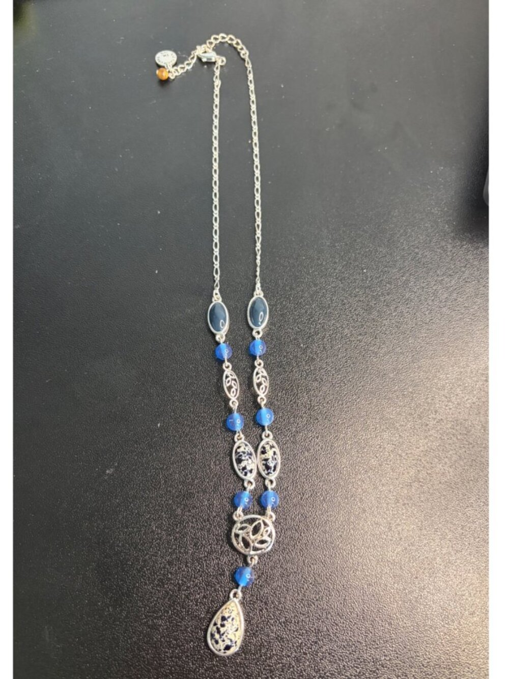 Liz Claiborne Blue Marbled Statement Necklace Silver Tone